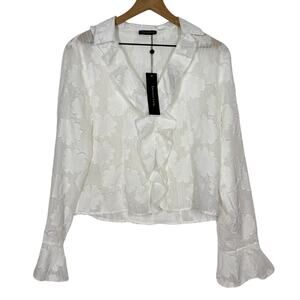 Emerson Lang Bell Sleeve Blouse NWT Size L White Floral Ruffle Ethereal Sheer